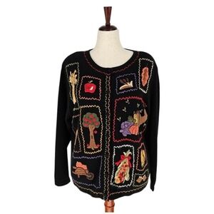 VTG Arriviste Cardigan Sweater Womens 1X Black Thanksgiving Harvest Embroidery